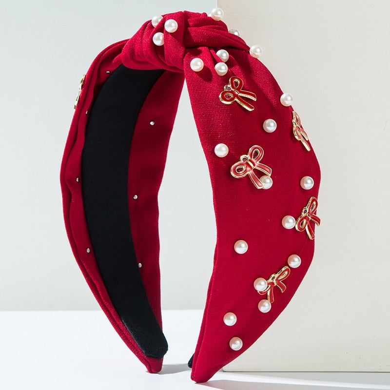 Knotted Pearl Headband (red)