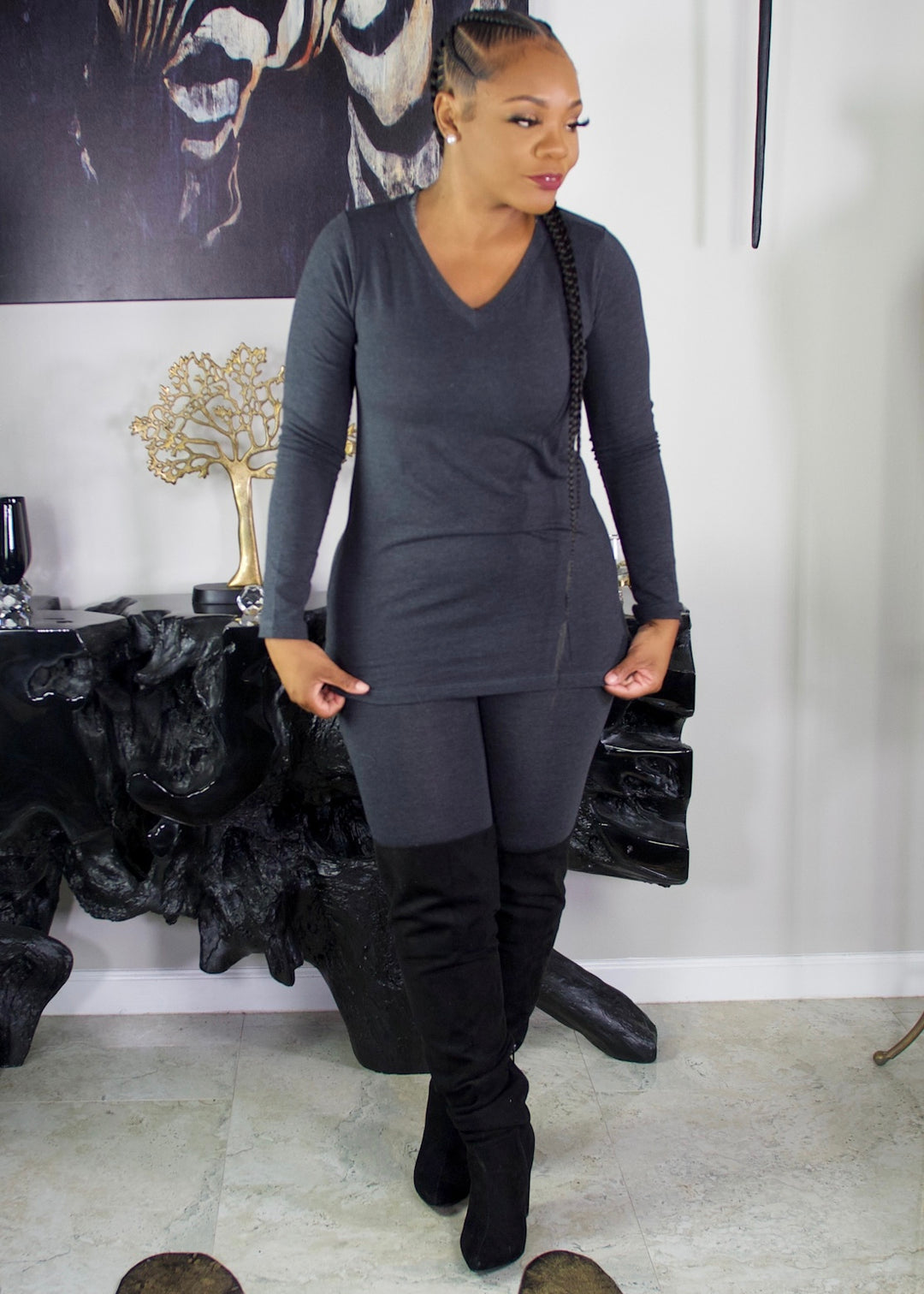 Seaux Basic Set ( V- Neck) Charcoal Gray